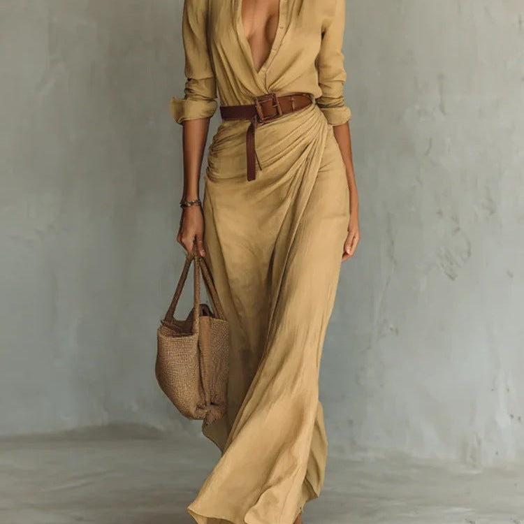 Kiara - Long Sleeve Lapel Collar Maxi Dress