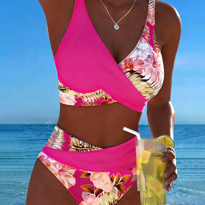 Bikini with Contrasting Floral Pattern and Split