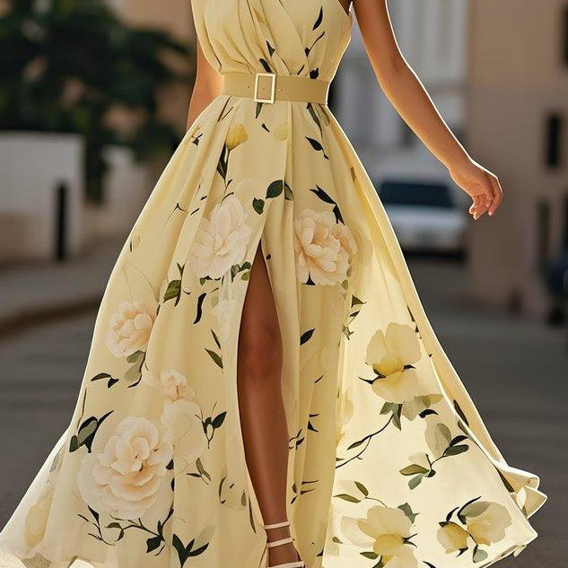 Sella - Fodrozott Egyvállas A-vonalú Maxi Chiffon Ruha