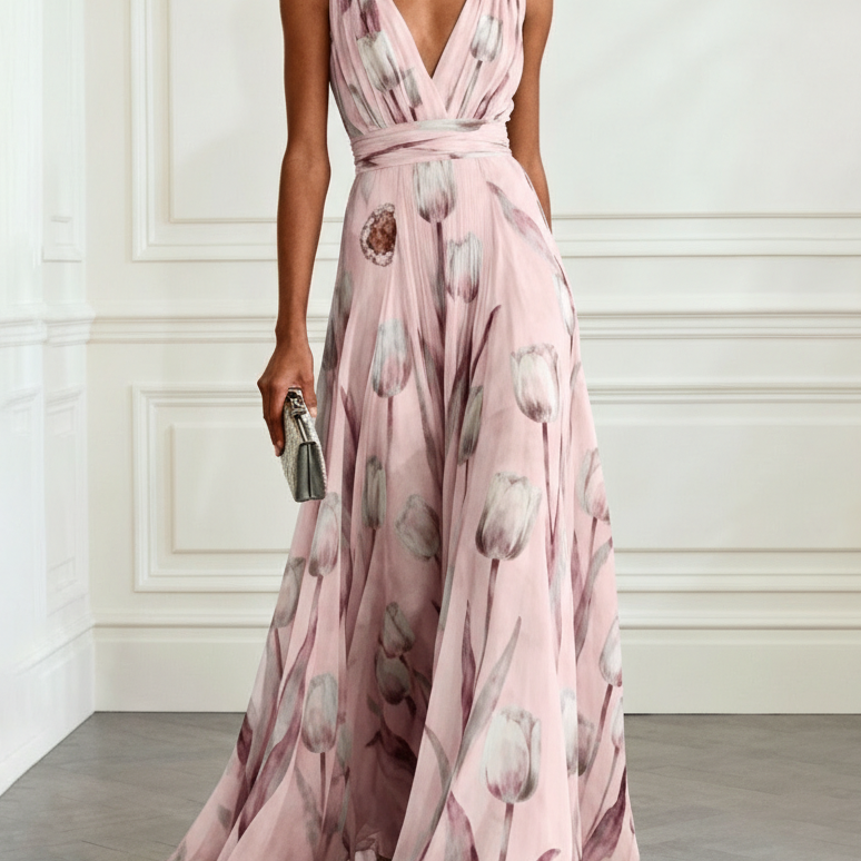 Nerea - Elegáns tulipánmintás, V-nyakú maxiruha