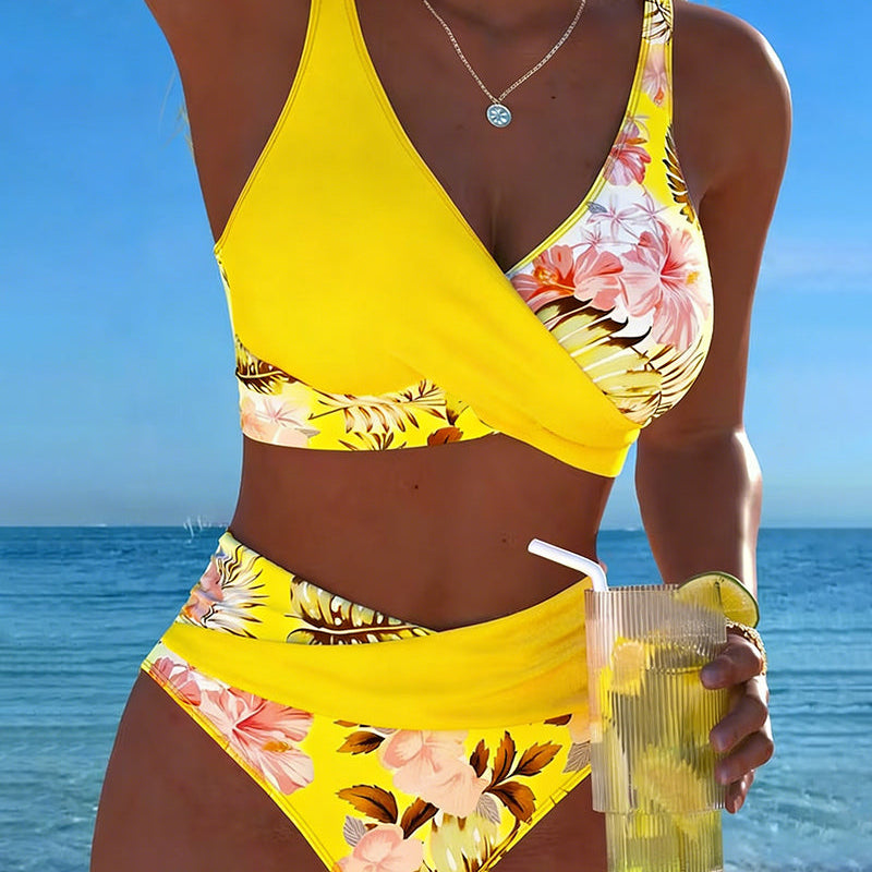 Bikini with Contrasting Floral Pattern and Split