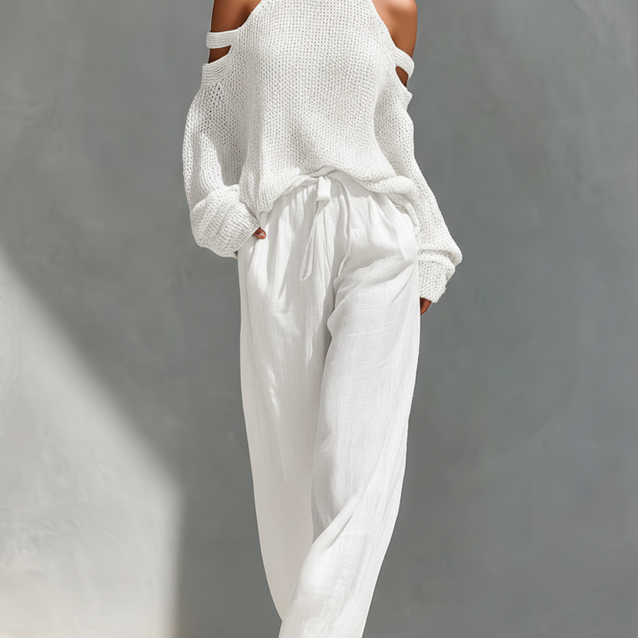 Thalia - Beige Knit Off-Shoulder Turtleneck Top & Wide Leg Pants Set
