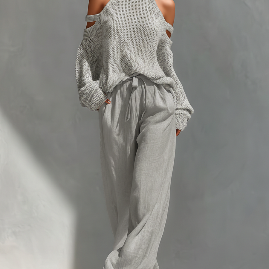Thalia - Beige Knit Off-Shoulder Turtleneck Top & Wide Leg Pants Set