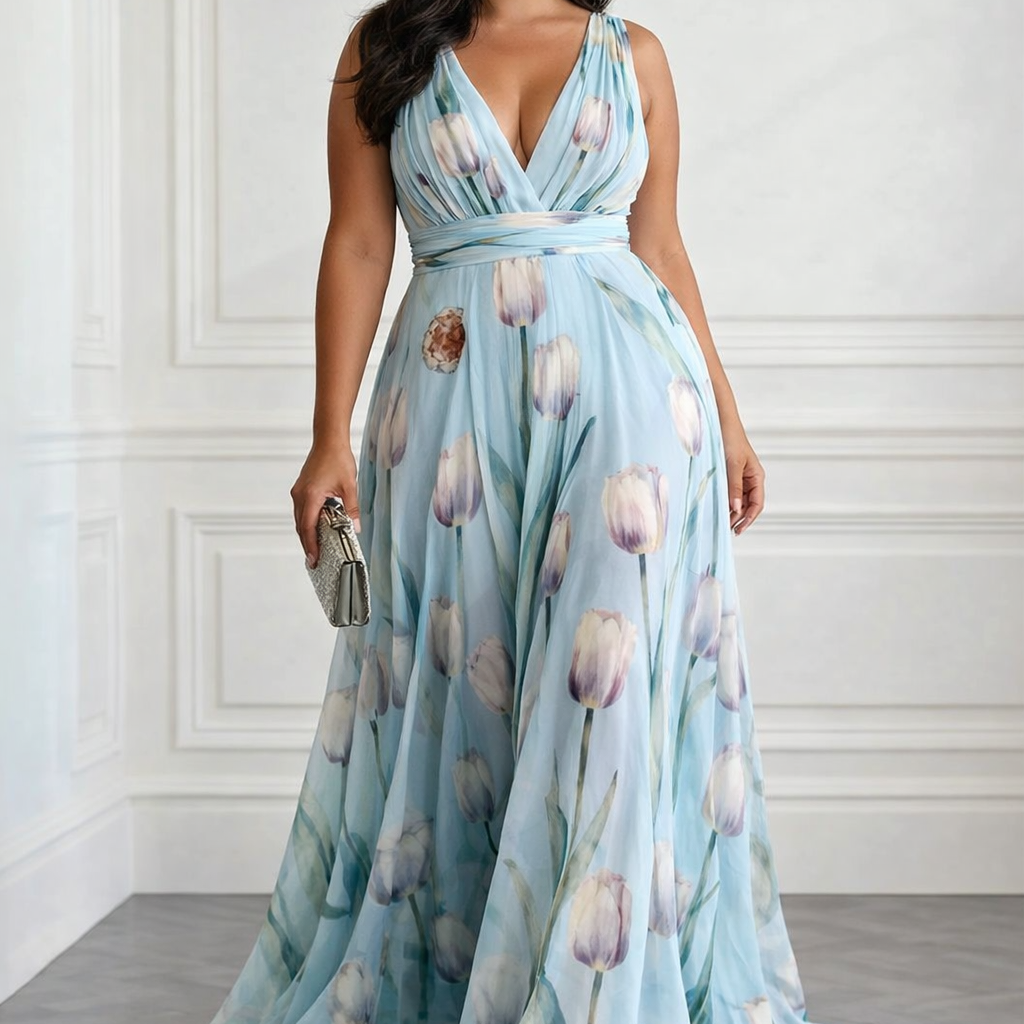 Nerea - Elegáns tulipánmintás, V-nyakú maxiruha
