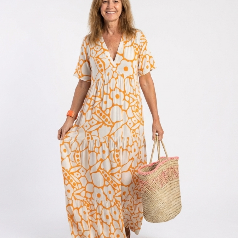 Lucie | Vestido midi com flores, mangas curtas e decote em V