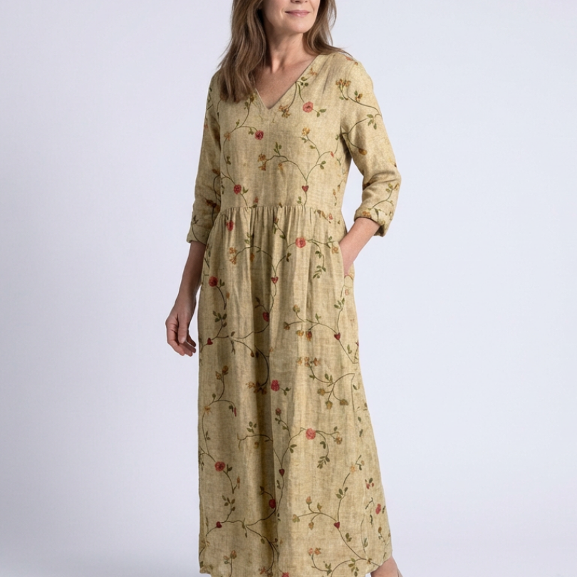 Valérie | Vestido maxi floral com decote em V e mangas três quartos