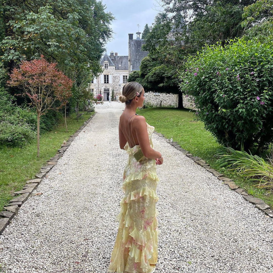 Olivia | Floral Ruffle Open-Back Maxi Dress