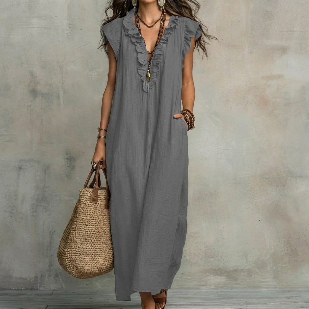 Josefina | Long Linen-Textured Dress with V-Neck and Ruffles