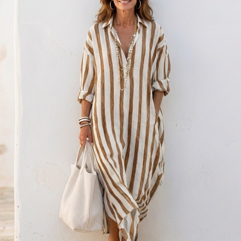 Naomi | Long Sleeve Striped Midi Shirt Dress