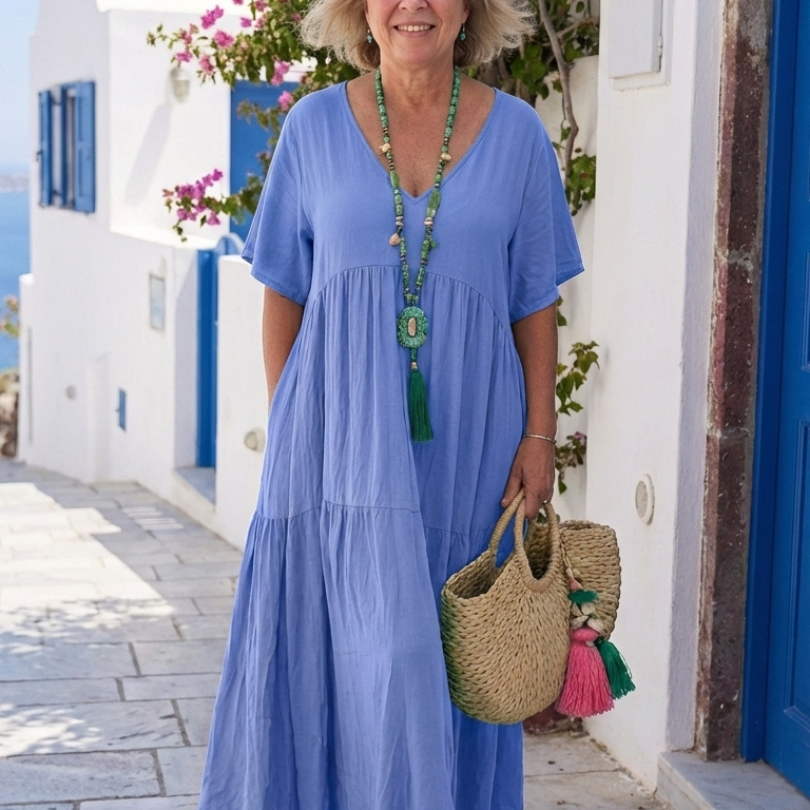 Zinnia | Short Sleeve Tiered Blue Maxi Dress