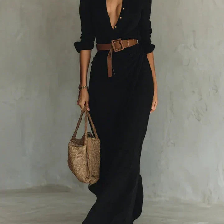 Women Ruched Maxi Shirt Dress Belted Long Sleeve Button Front