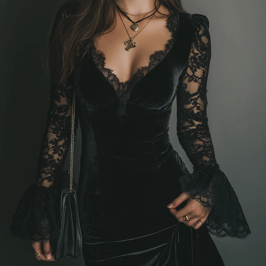 Mélanie | Vestido Mini em Veludo & Renda Luna