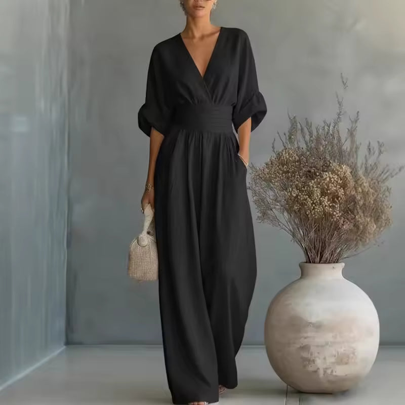 Georgina | Mély V-nyakú elegáns, bő szárú overál