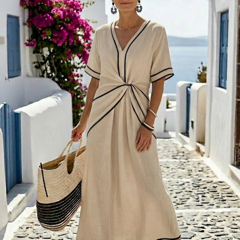 Linnea | V Neck Short Sleeve Gathered Waist Midi Dress