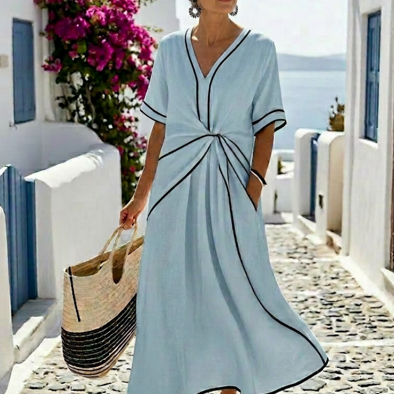 Linnea | V Neck Short Sleeve Gathered Waist Midi Dress