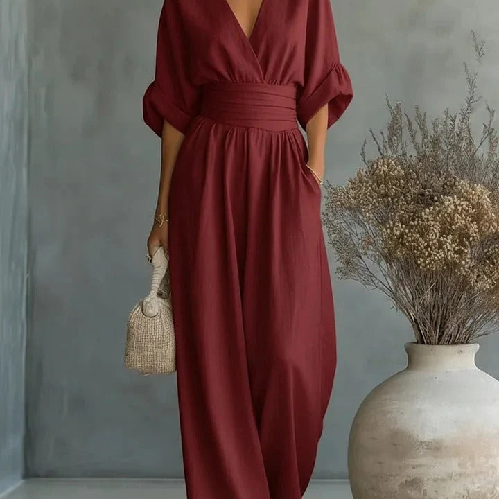 Georgina | Mély V-nyakú elegáns, bő szárú overál